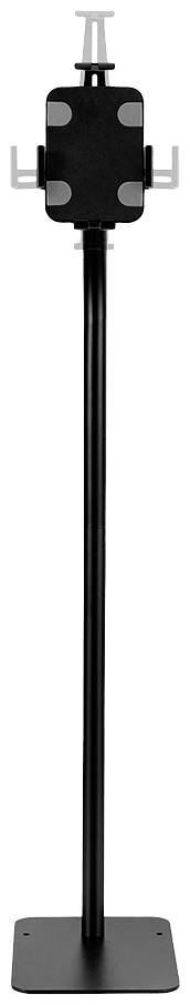 Black stand with adjustable mounting bracket, suitable for tablets or displays. Freestanding, ideal for exhibitions or presentations.