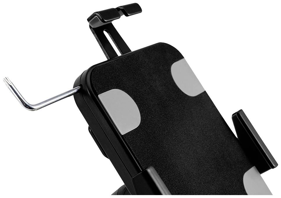 Sturdy mobile phone holder with screw mechanism, black with grey details, demonstrates a flexible mounting bracket for attachment to various surfaces.