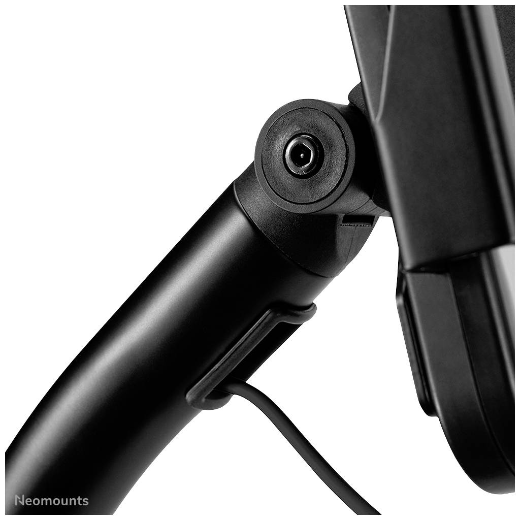 A black mounting arm with integrated cable management, mounted on a monitor mount.