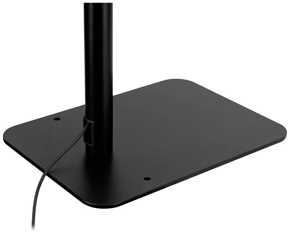 A rectangular, black metal stand with an upright pole and a cable attached, placed on a hard surface.