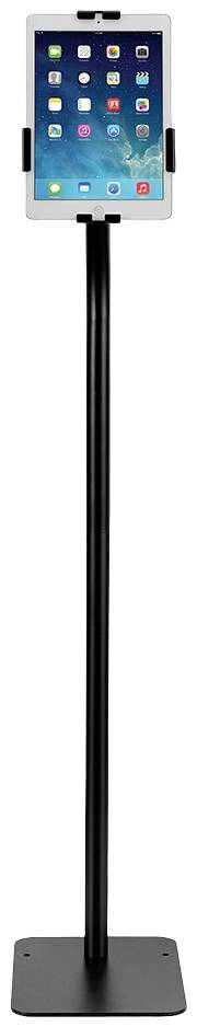 A tablet is mounted on a black stand. The screen displays several app icons on a blue background.