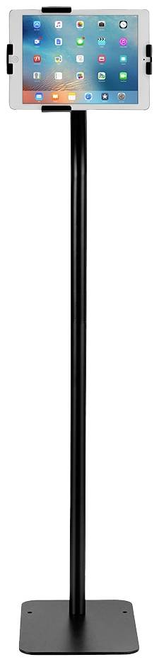 A tablet is mounted in a black holder on a tall stand. Various app icons are displayed on the screen.