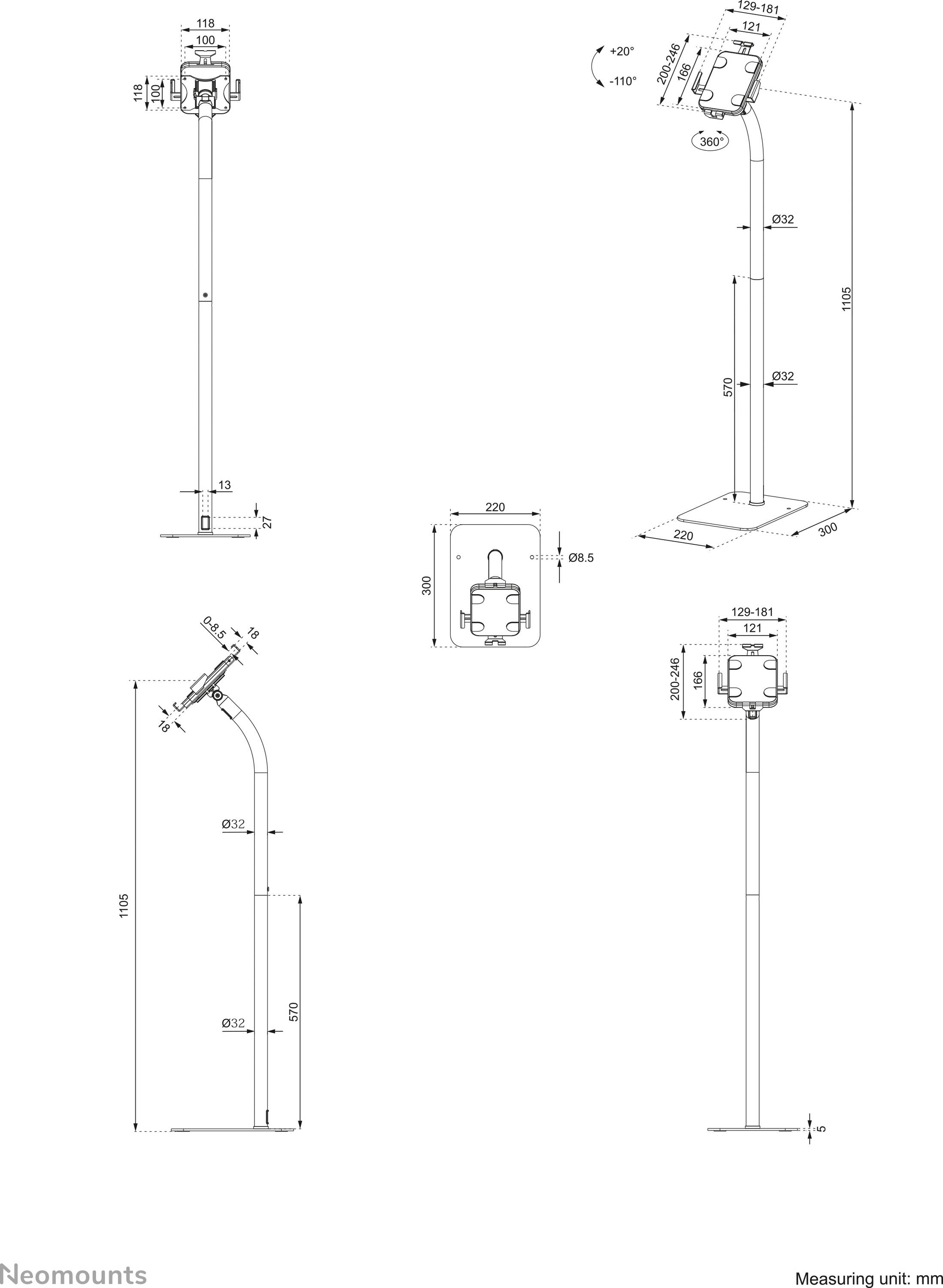 Technical drawing of a monitor stand with dimensions in millimetres. Shows various views and tilt angles.