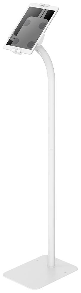 A white, freestanding tablet stand with an angled tablet holder at the top, suitable for presentations or exhibitions.