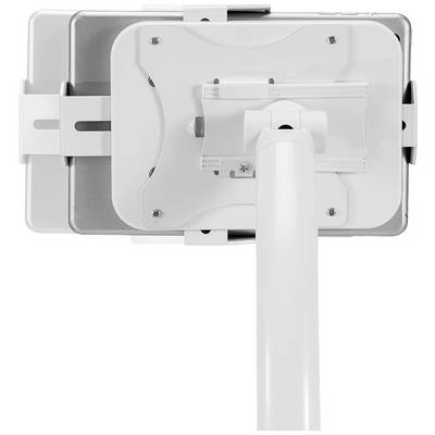 A white wall mount for a tablet or display, attached to a vertical stand, with adjustable clamps.