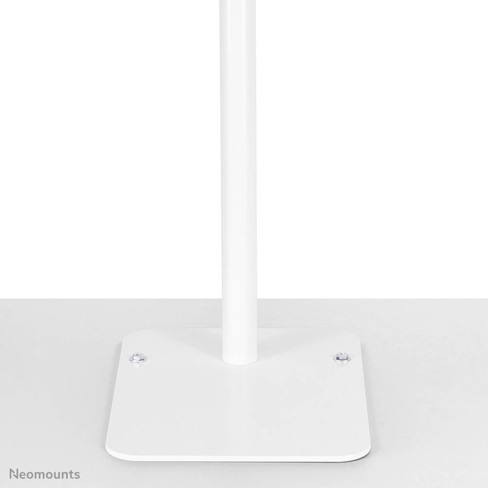 A white metal stand with a rectangular base sits on a grey surface, demonstrating stability and minimalist design.