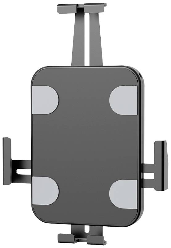 A black, rectangular mounting bracket with adjustable clamps for securing a device to another surface.