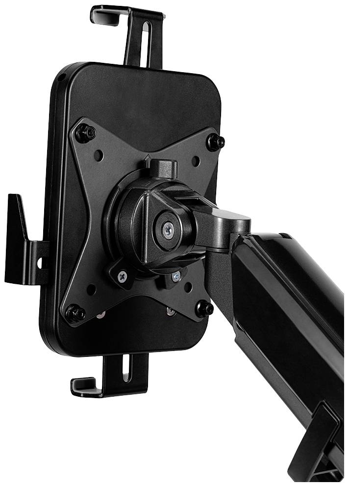 A black monitor arm with a mount that is VESA-compatible, for attachment to a desk or wall.