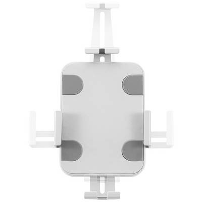 Mounting bracket made of grey plastic with adjustable clips and padded corners, for securing a device or screen.