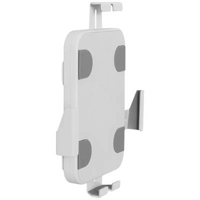 A grey-white mobile phone holder for attachment to a structure, with non-slip pads and hooks at the top and bottom for stabilisation.