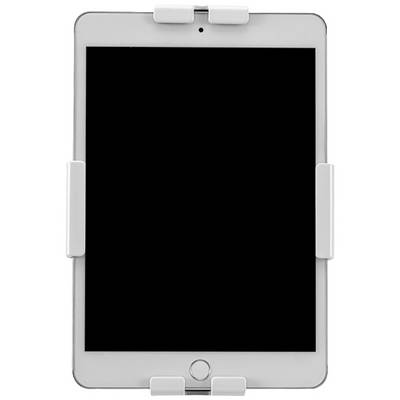 A silver tablet in a white holder, display switched off, photographed head-on.