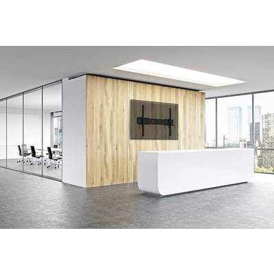 A modern, minimalist office space with a white reception desk, glass walls, and a wooden panel with a TV mount.