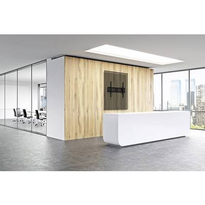 Modern lobby with a white reception desk, wooden accent wall and glass walls leading to a conference room. Large windows with city view.