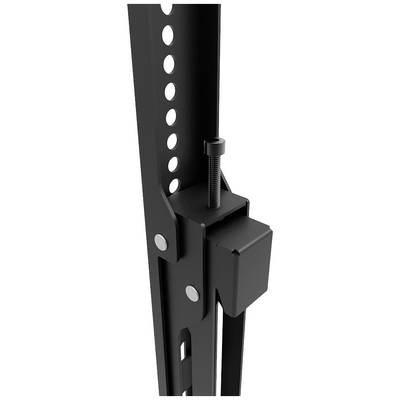 Black metal frame with adjustable bolt and holes for height adjustment, likely part of a shelving unit or stand.