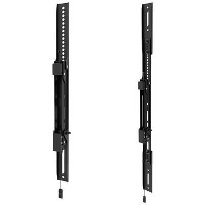 Two black, vertical metal TV wall mounts with holes for screws and small levers for adjustment.