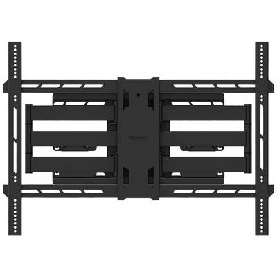 A black, flat TV wall mount with adjustable arms, suitable for large-format televisions. Visible rails and screw holes.