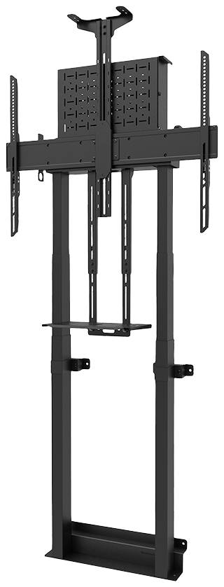 A vertical black TV mounting mechanism, suitable for large screens, with adjustable rails and mounting plates.