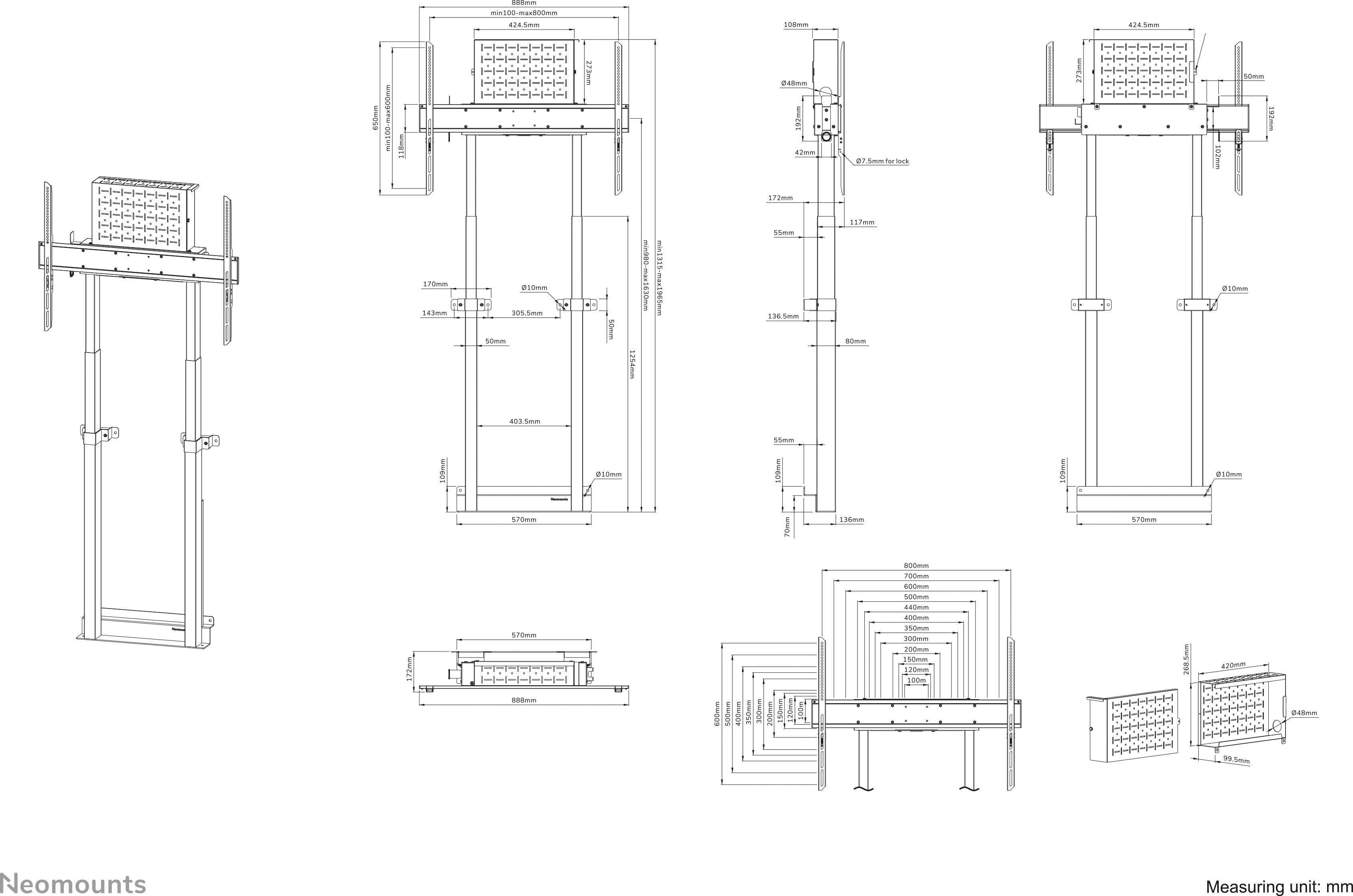 Technical drawing of a wall mounting bracket with detailed dimensions in millimetres. Various views show mounting options and dimensions.