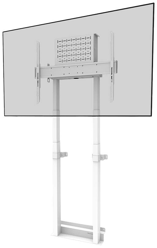 A height-adjustable TV mounting system with a large, mounted screen in a minimalist design.