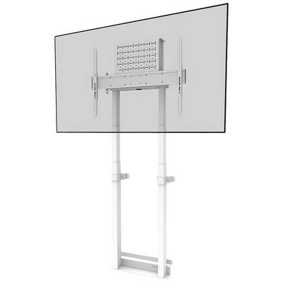 A height-adjustable TV mounting system with a large, mounted screen in a minimalist design.