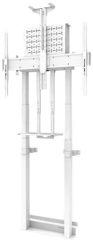 A white, height-adjustable TV stand mount for wall mounting, suitable for large screens.