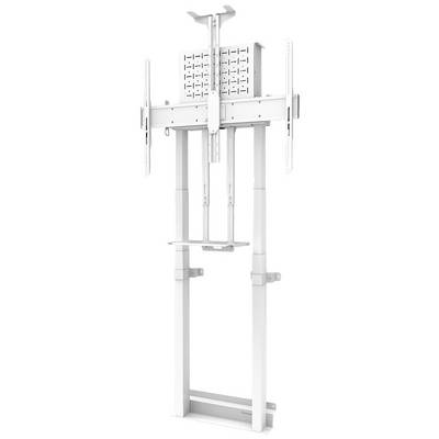 A white, height-adjustable TV stand mount for wall mounting, suitable for large screens.