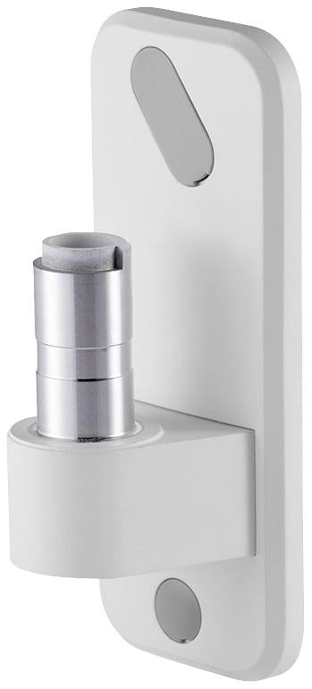 A white, wall-mounted magnetic door stop with a cylindrical metal head and rectangular base.