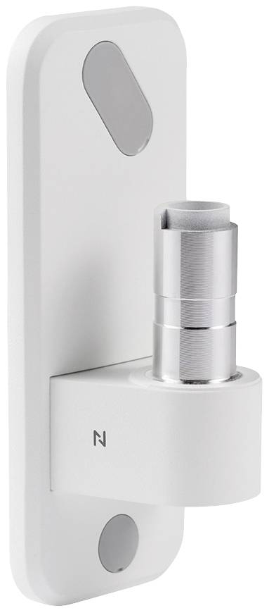 Door lock cylinder in a contemporary design with a shimmering silver surface, mounted on a white, rectangular plate.