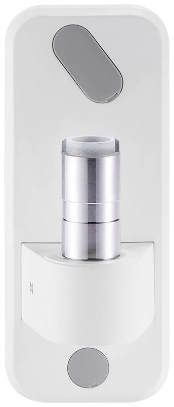 White electronic door lock with silver cylinder and touchscreen controls on top.