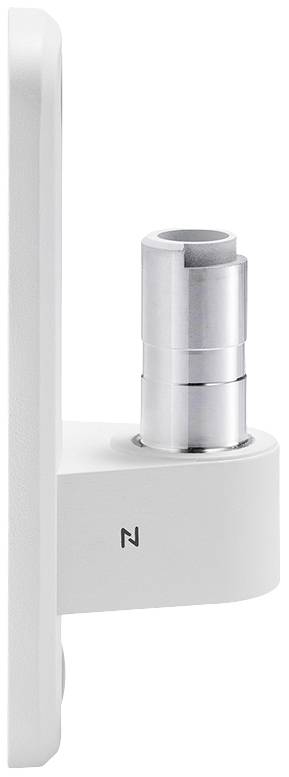 A metallic cylinder protrudes from a white, rectangular base, side view.