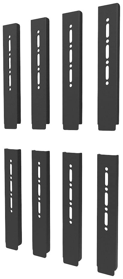 Eight black metal plates with slots, arranged in two rows. Ideal for mounting systems or structural connections.