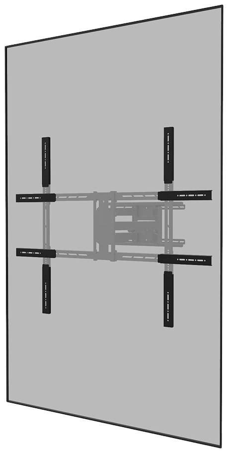 A television is mounted on a flat wall bracket composed of black metal struts.