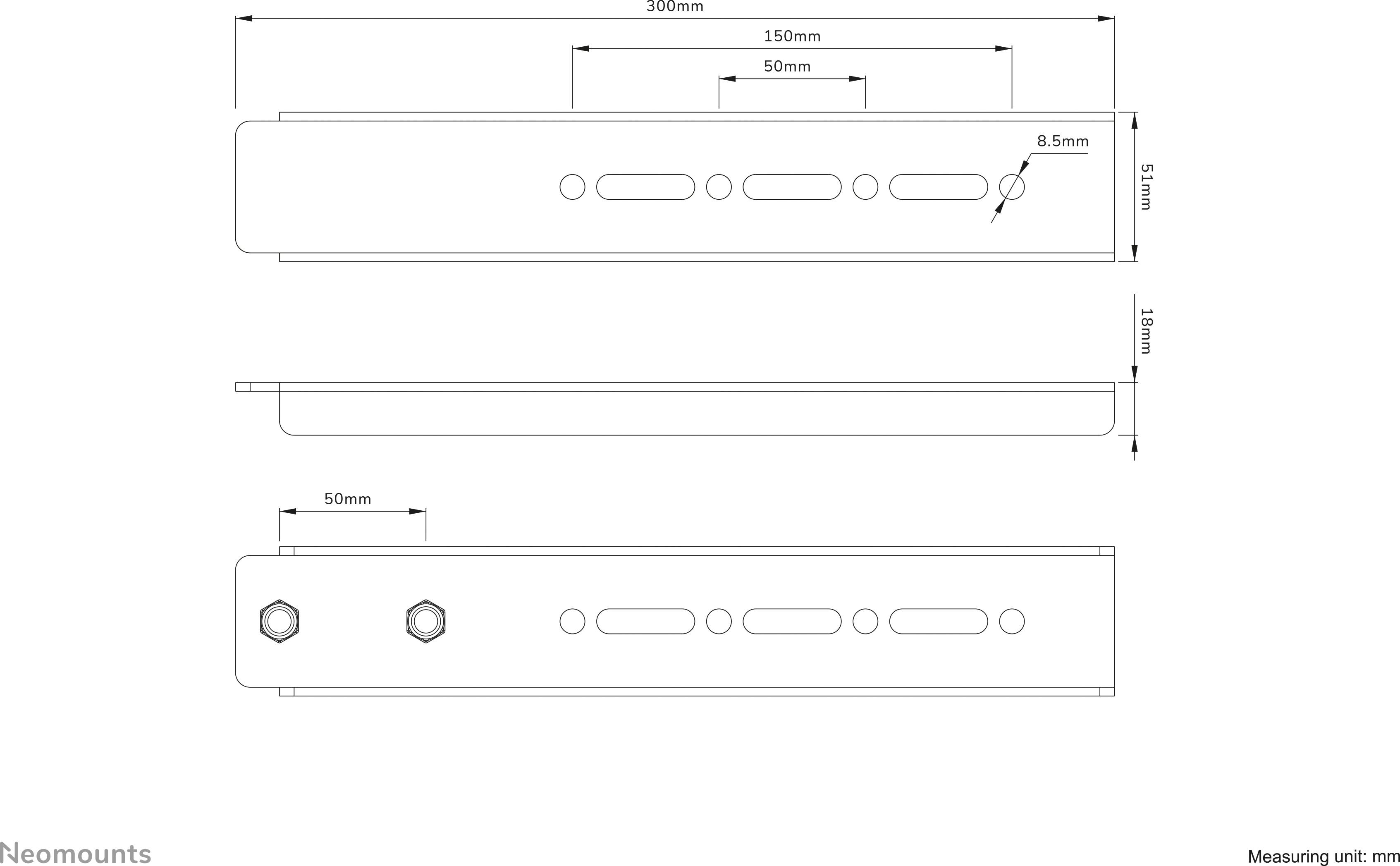 Technical drawing of a mounting bracket with dimensional specifications in millimetres. Shows side and front views with specific distances and drill holes.