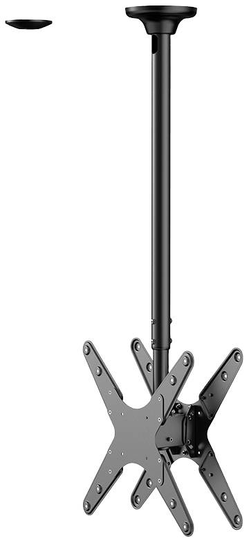 TV ceiling mount, height-adjustable, black, with pivoting plate and cable management system. Suitable for multiple screen sizes.