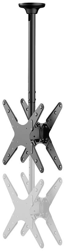 Ceiling mount for two monitors, black, with height-adjustable arm and VESA-compatible mounting points.