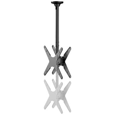 Ceiling mount for two monitors, black, with height-adjustable arm and VESA-compatible mounting points.