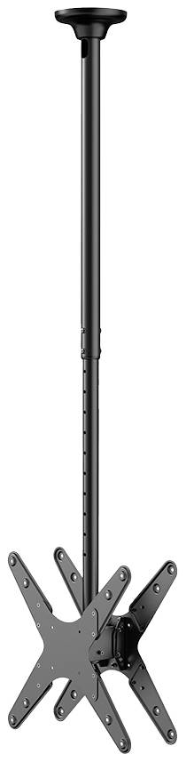 Black, height-adjustable ceiling mount for TV, equipped with a swivel arm and VESA-compatible plate, against a white background.