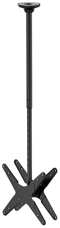 Black adjustable ceiling mount for televisions, with long arm and star-shaped mounting mechanism. Ideal for home cinema.