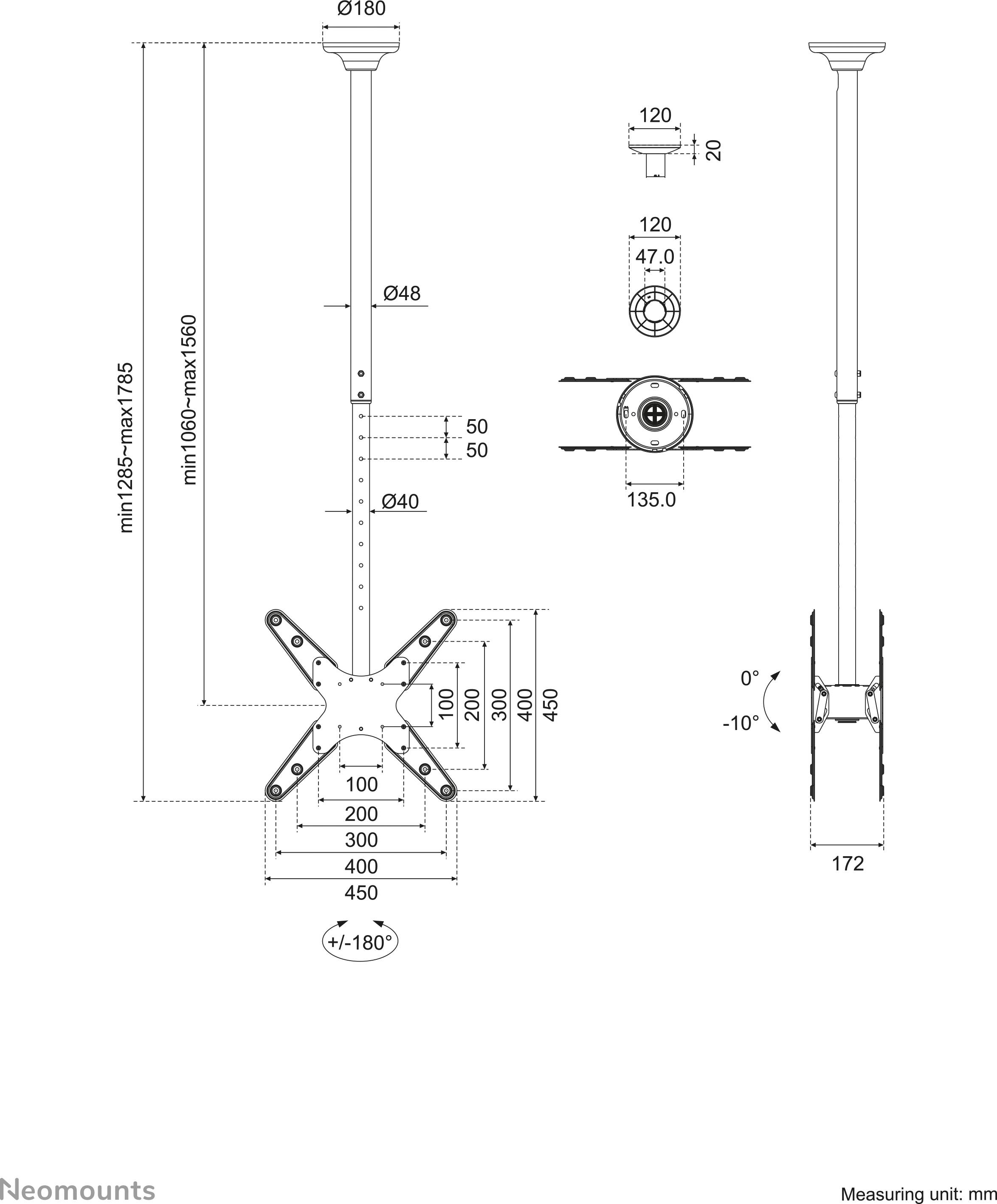 Technical drawing of a ceiling mount for displays with an adjustable arm. Dimensions in millimetres, with pivot and tilt options.