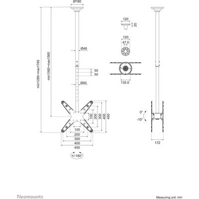Technical drawing of a ceiling mount for displays with an adjustable arm. Dimensions in millimetres, with pivot and tilt options.