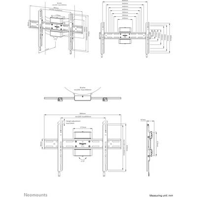Technical drawing of a monitor mount with detailed dimensions, adjustable angles and heights. Unit of measurement: millimetres.