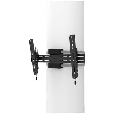 Black, adjustable TV wall mount installed on a white wall, suitable for flat screens, with tilt option.