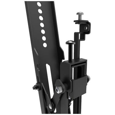 Close-up of a black metal arm with screws and bolts, likely part of an adjustable mounting system.