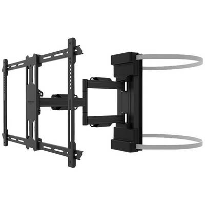 The image depicts a black TV wall mount with adjustable arms for wall attachment. Suitable for large screens.