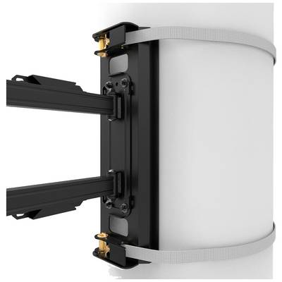 'A black, rectangular mounting bracket with straps fastened around a cylindrical white post or pole.'