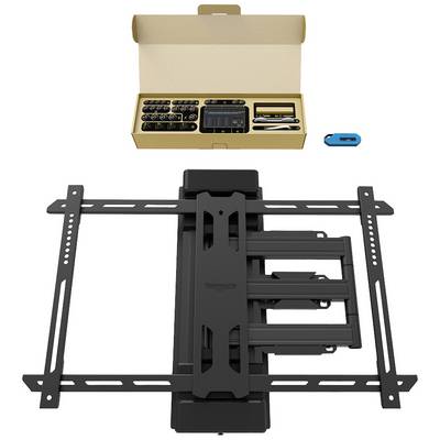 Black metal TV wall mount with pivoting arms, mounting accessories in the box, USB size reference on the right.