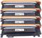 Four toner cartridges for a printer, arranged in Black, Cyan, Magenta and Yellow. Each cartridge has a label with a model number.