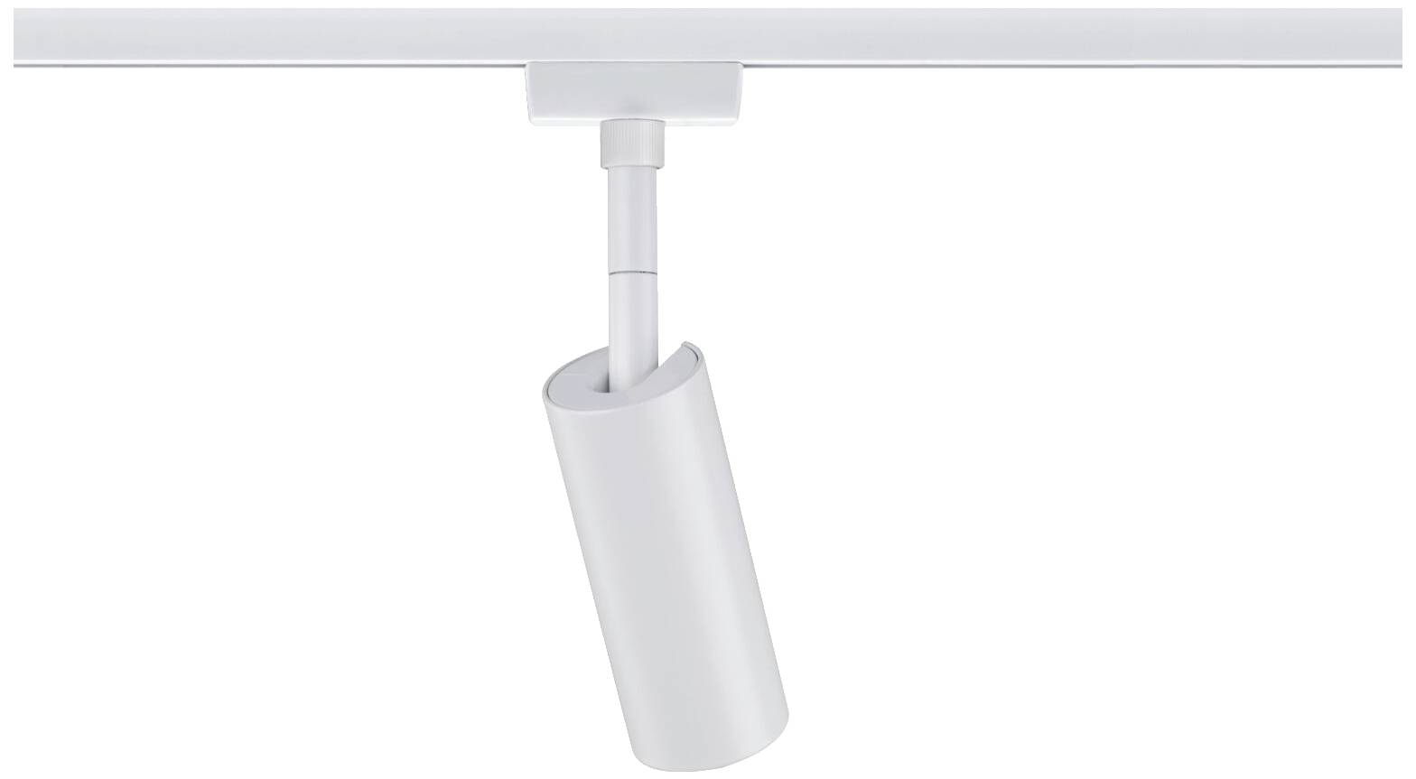 A modern, white ceiling light with a cylindrical spotlight attached to a track. Ideal for accent lighting.