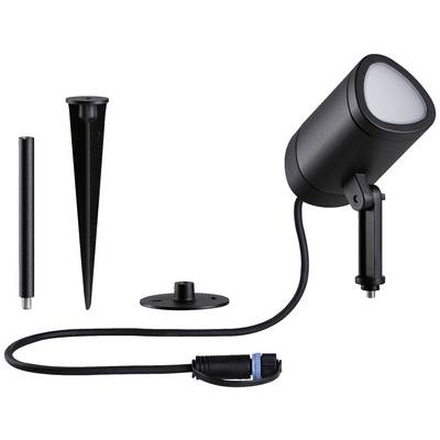 Black LED spotlight with ground spike, cable and mounting accessories. Suitable for outdoor lighting, robust design, easy installation.