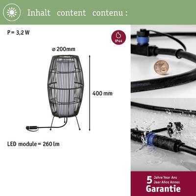 A round lamp with wire cage design, 400 mm high and 200 mm wide. LED module: 260 lumens, P = 3.2 W, protection rating IP44. Five-year warranty.